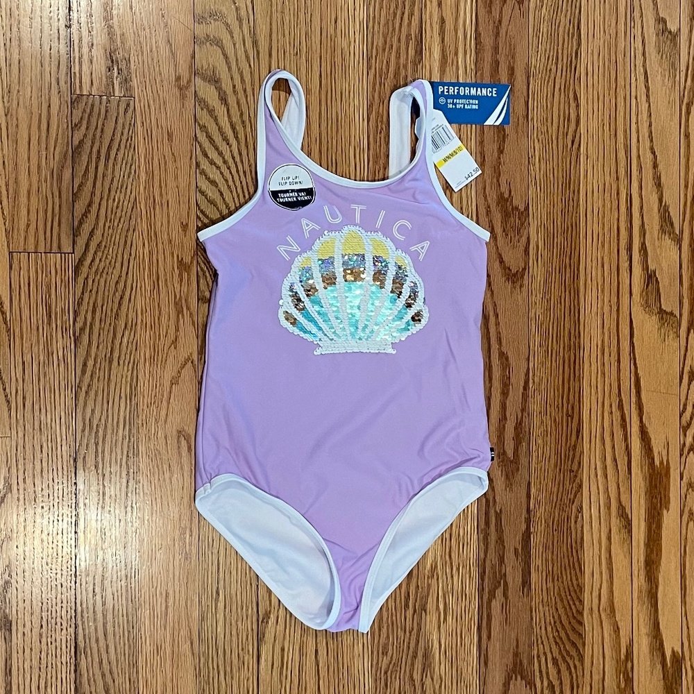 NWT Nautica Girls 8/10 one piece swimsuit, flippabble sequin seashell